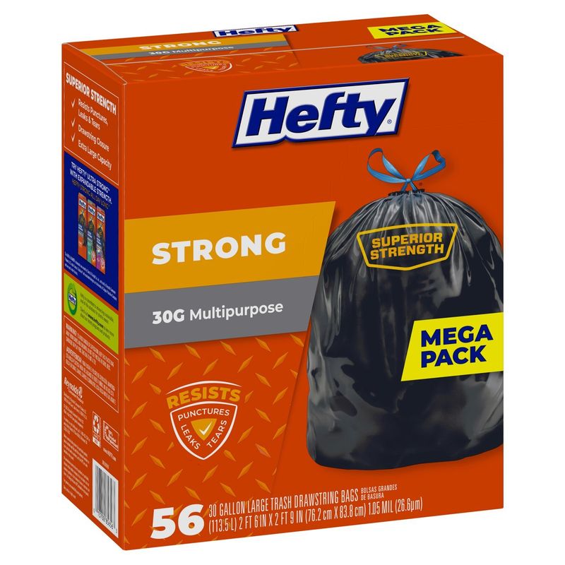 Hefty Strong 30 Gallon Multipurpose Trash Drawstring Bags Mega Pack, Large, 56 count