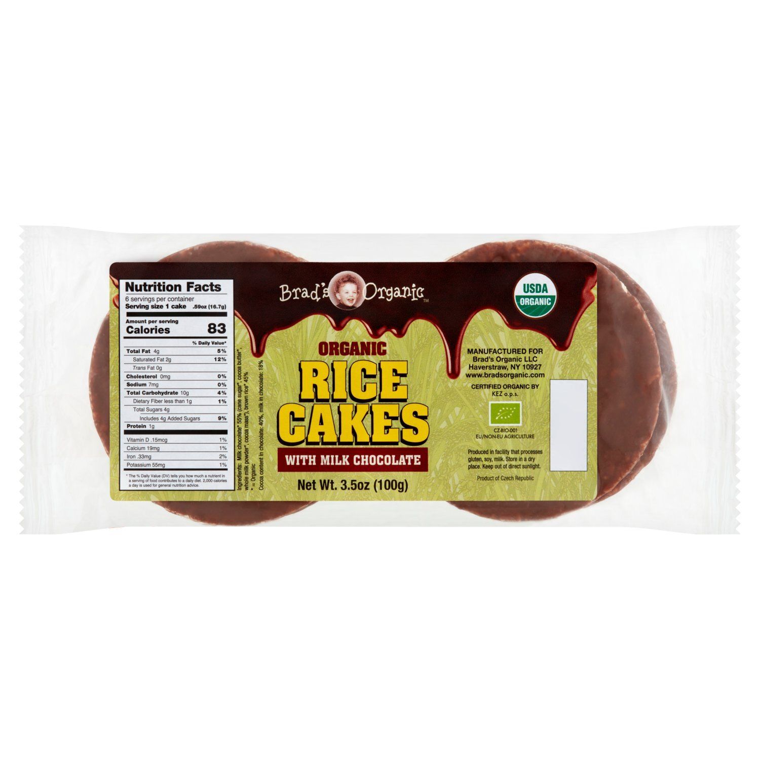 Brad's Organic Rice Cakes with Milk Chocolate, 3.5 oz