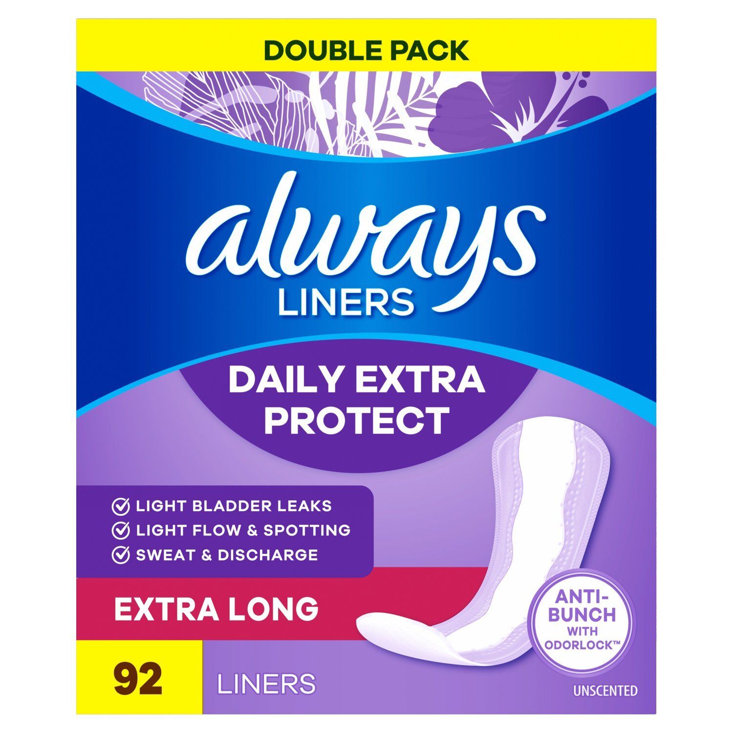 Always Daily Extra Protect Liners, Extra Long Length Length, Unscented Panty Liners, 92 Count