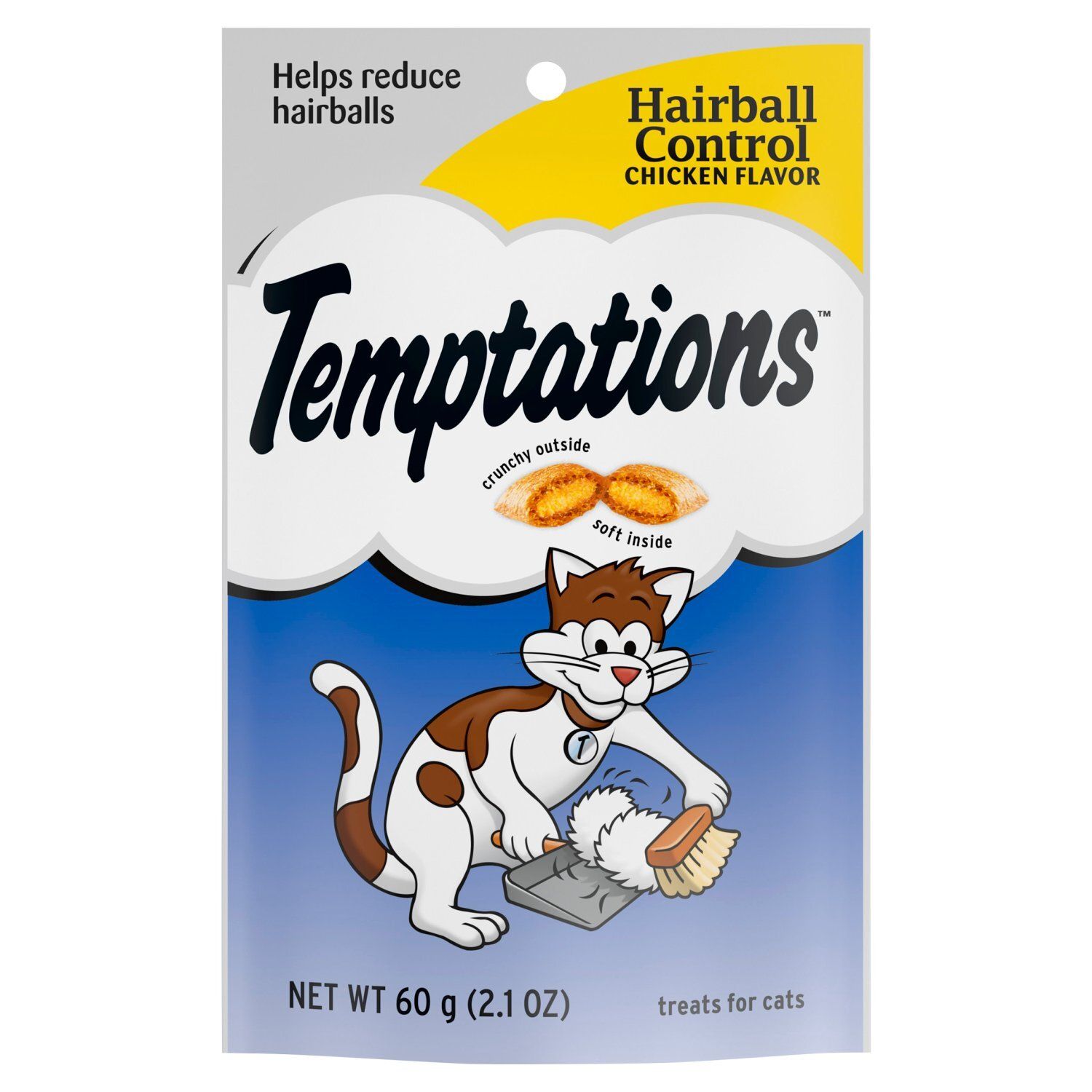 TEMPTATIONS Hairball Control Crunchy and Soft Cat Treats Chicken Flavor, 2.1 oz. Pouch