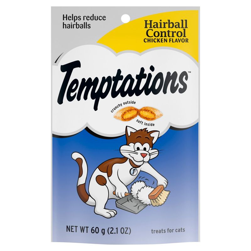 TEMPTATIONS Hairball Control Crunchy and Soft Cat Treats Chicken Flavor, 2.1 oz. Pouch
