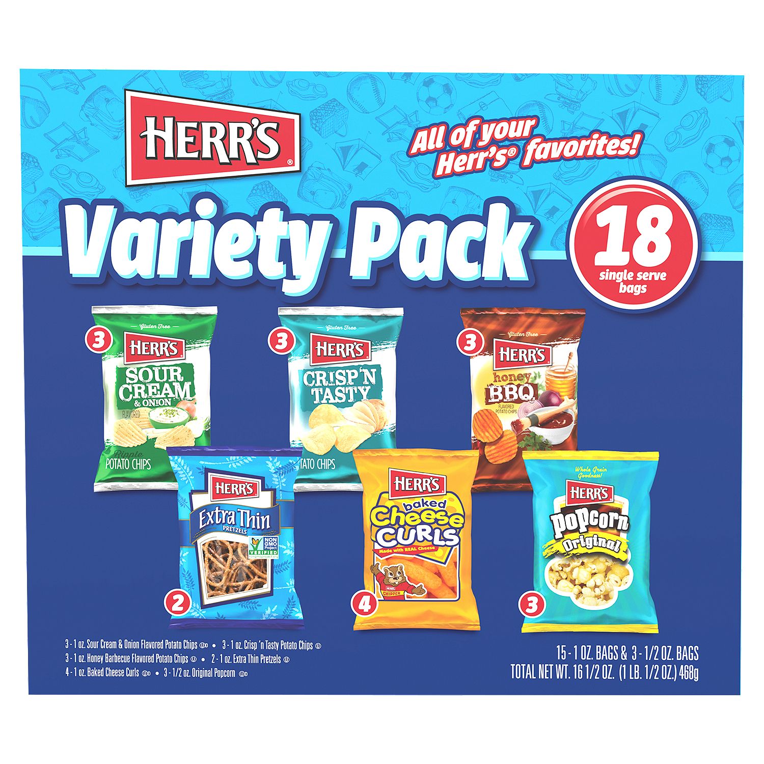 Herr's Single Serve Bags Variety Pack, 1 oz, 18 count