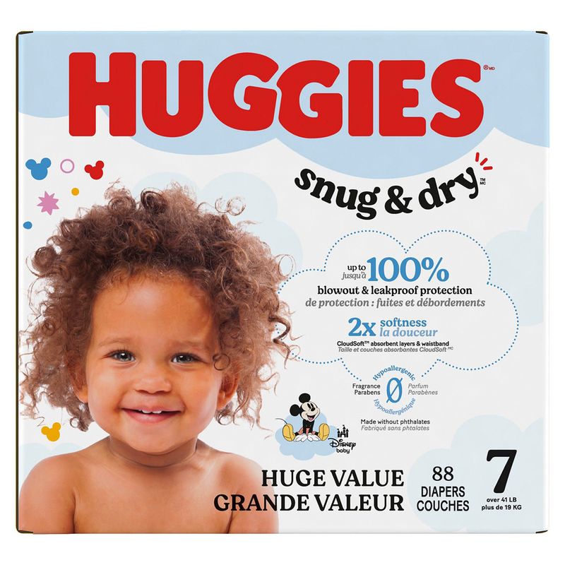 Huggies Snug &amp; Dry Baby Diapers, Size 7 (41+ lbs), 88 Ct