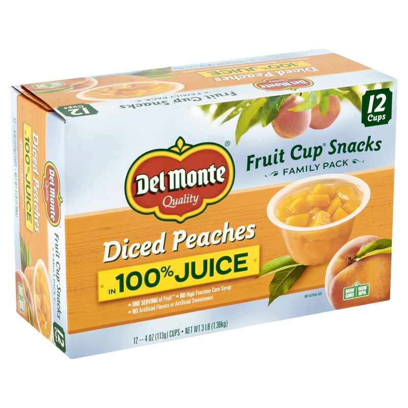 Del Monte Diced Peaches Fruit Cup Snacks Family Pack, 4 oz, 12 count