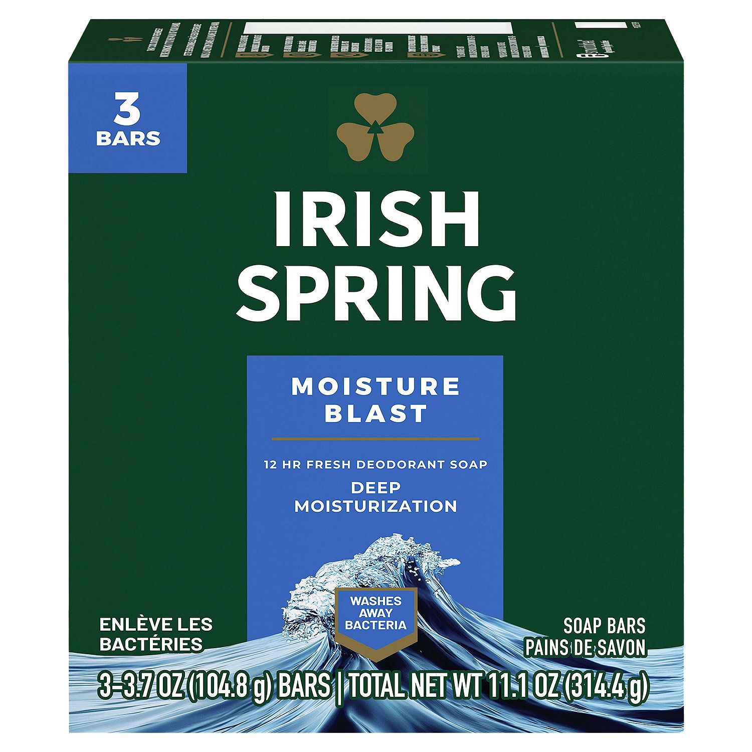 Irish Spring Moisture Blast Deodorant Bar Soap for Men, 3.7 oz, 3 Pack
