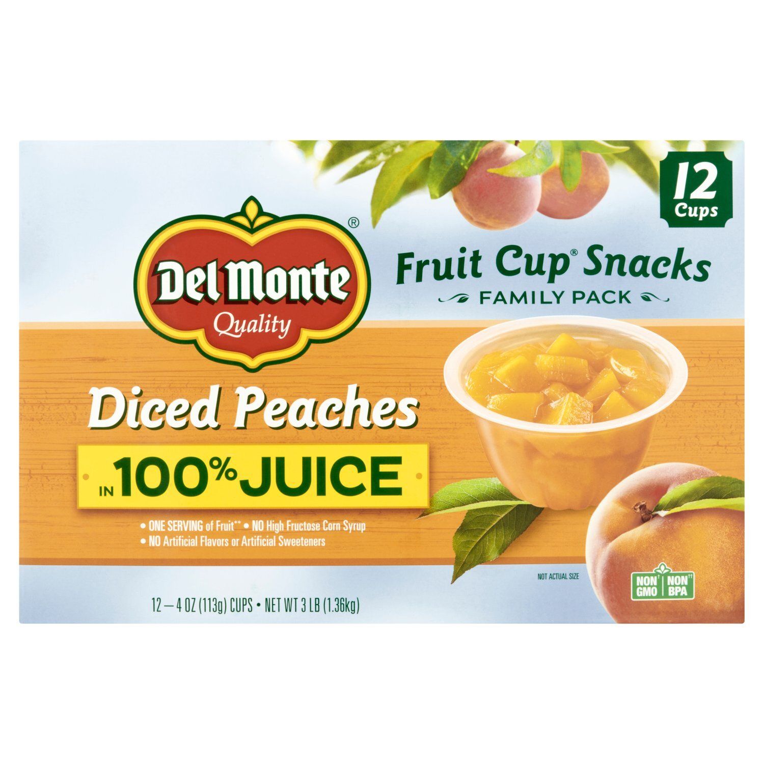 Del Monte Diced Peaches Fruit Cup Snacks Family Pack, 4 oz, 12 count