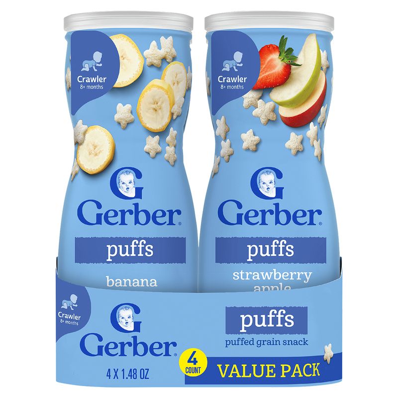 Gerber Puffs Puffed Grain Snack Baby Food Value Pack, Crawler 8+ months, 1.48 oz, 4 count