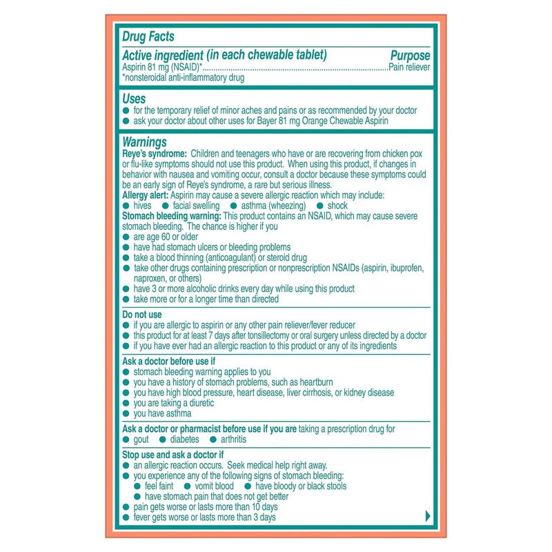 Bayer Orange Flavored Chewable Low Dose Aspirin Regimen Tablets, 81 mg, 108 count