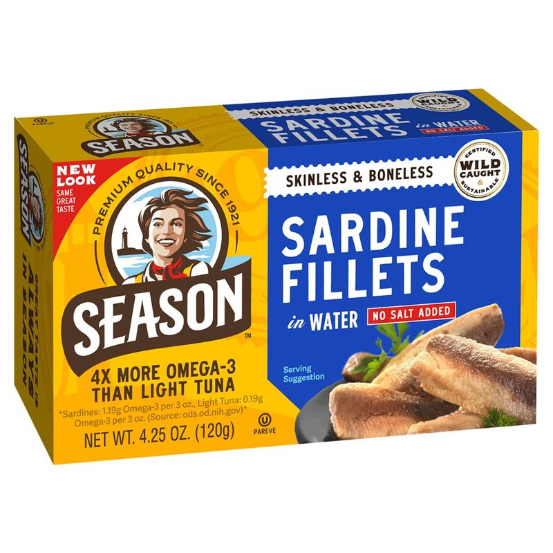 Season Skinless &amp; Boneless No Salt Added Sardine Fillets in Water, 4.25 oz