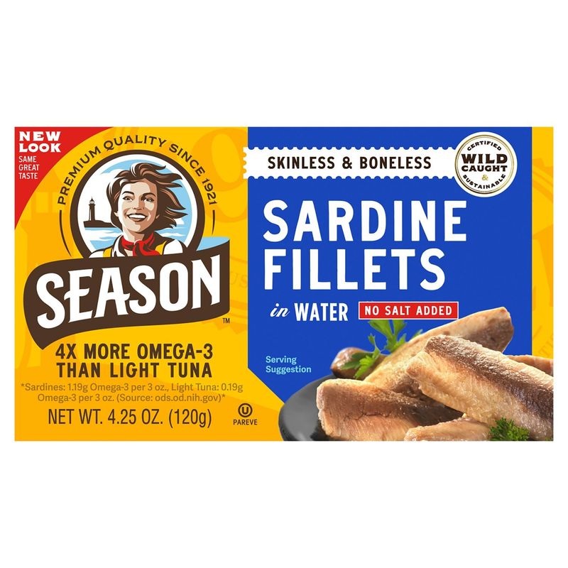 Season Skinless &amp; Boneless No Salt Added Sardine Fillets in Water, 4.25 oz