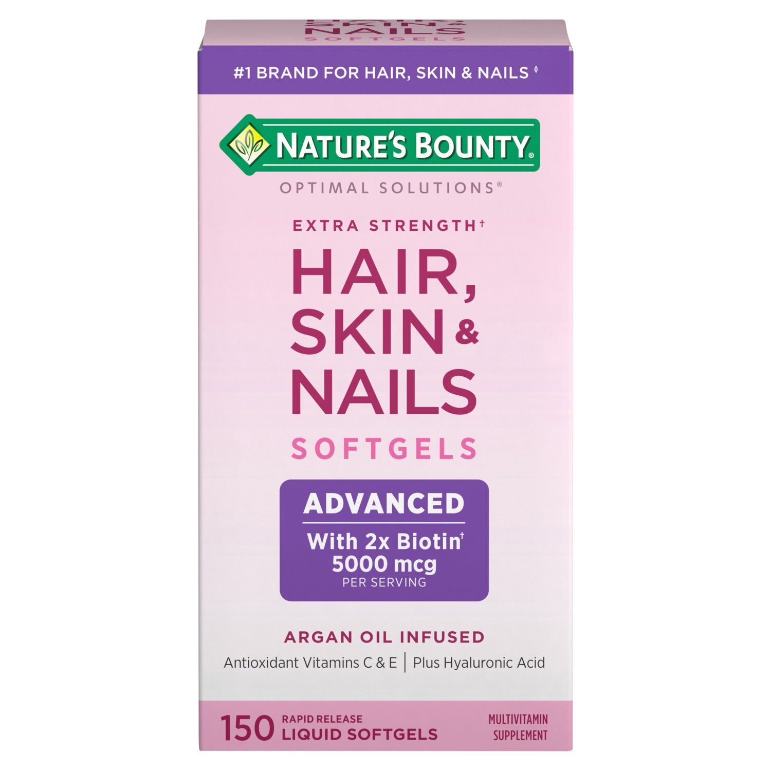 Nature's Bounty Optimal Solutions Hair, Skin &amp; Nails Multivitamin Supplement, 5000 mcg, 150 count