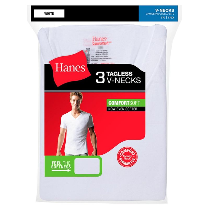 Hanes ComfortSoft White Tagless V-Necks T-Shirts, 3 count, Medium