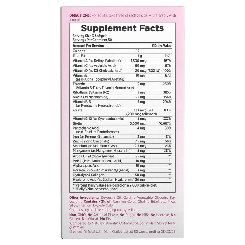 Nature's Bounty Optimal Solutions Hair, Skin &amp; Nails Multivitamin Supplement, 5000 mcg, 150 count