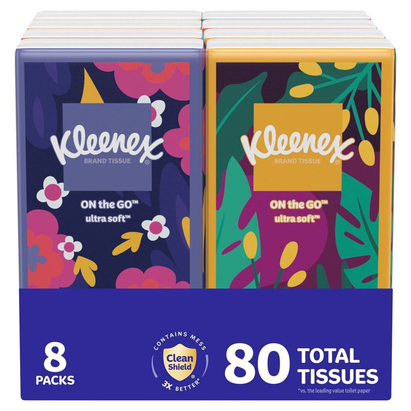 Kleenex On-­the-­Go Ultra Soft Tissues, 10 3-ply tissues per pack, 8 count