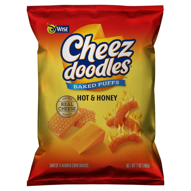 Wise Cheez Doodles Baked Puffs Hot &amp; Honey Cheese Flavored Corn Snacks, 7 oz