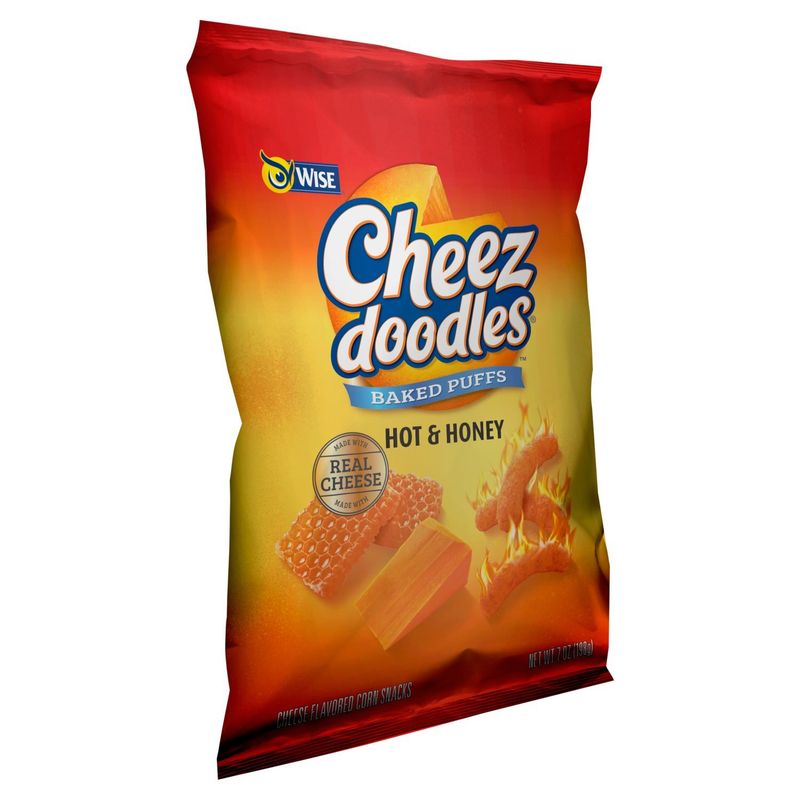Wise Cheez Doodles Baked Puffs Hot &amp; Honey Cheese Flavored Corn Snacks, 7 oz