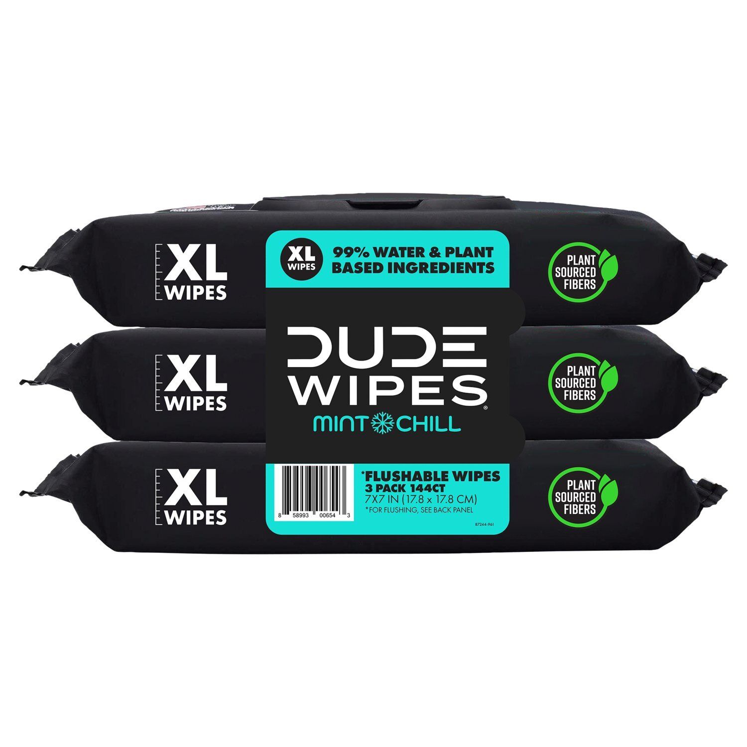 DUDE Wipes Mint Chill with Mint &amp; Eucalyptus Oils XL Flushable Wipes, 3 Pack, 144 Count