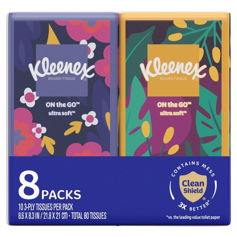 Kleenex On-­the-­Go Ultra Soft Tissues, 10 3-ply tissues per pack, 8 count