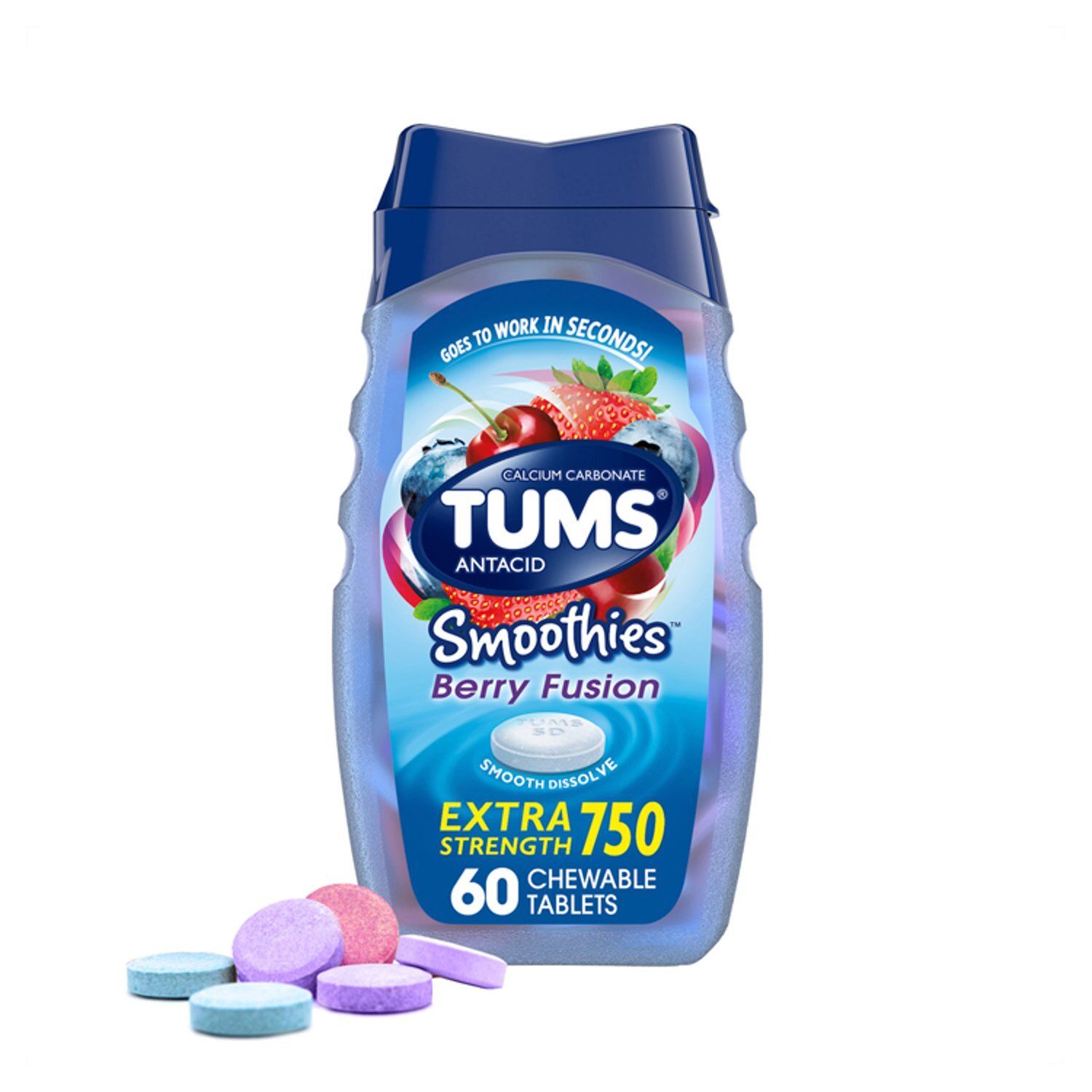 TUMS Smoothies Extra Strength Antacid Tablets for Heartburn Relief, Acid Indigestion Relief - 60 Ct