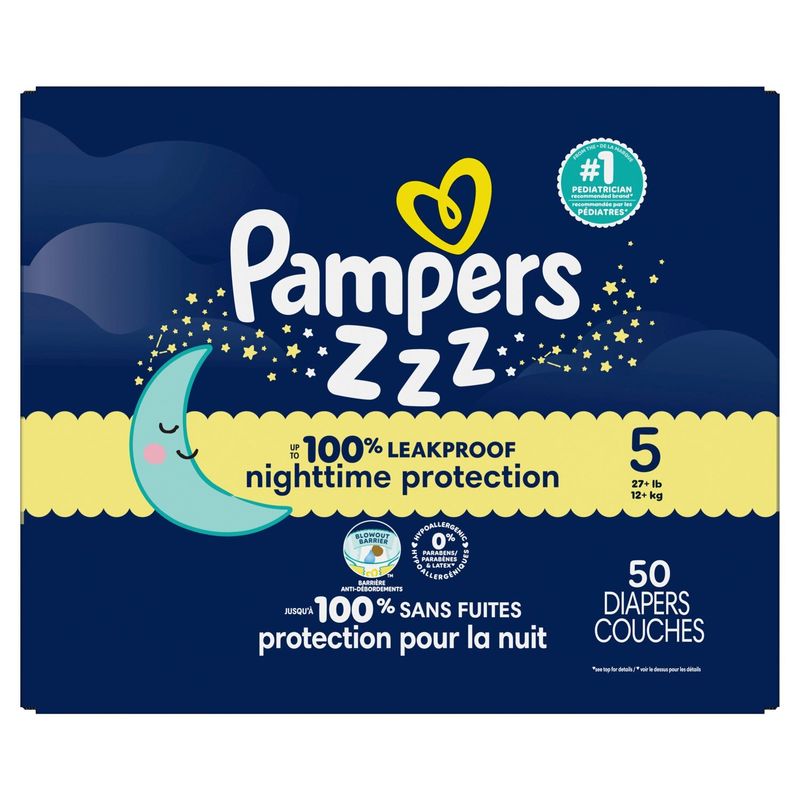 Pampers ZZZ Nighttime Protection Diapers, Size 5, 27+ lb, 50 count