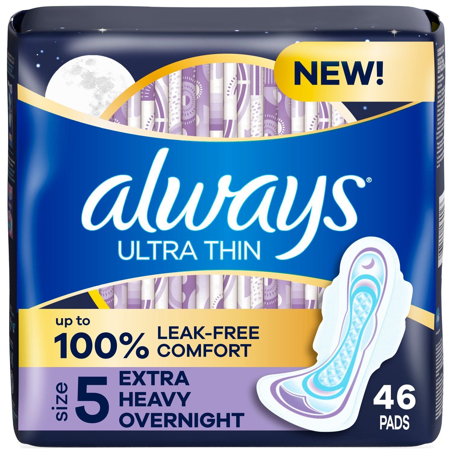 Always Ultra Thin Extra Heavy Overnight Pads Megha Pack, Size 5, 46 count