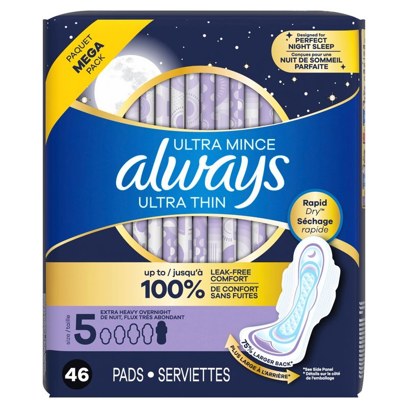 Always Ultra Thin Extra Heavy Overnight Pads Megha Pack, Size 5, 46 count