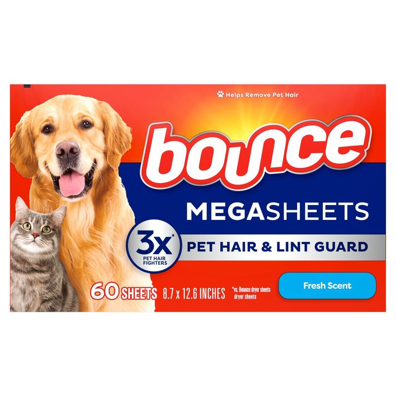 Bounce Pet Hair and Lint Guard Mega Dryer Sheets with 3X Pet Hair Fighters, Fresh Scent, 60 Count