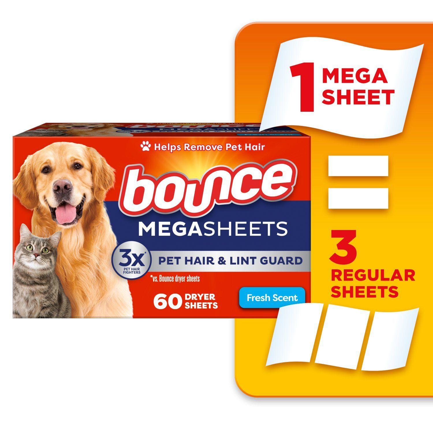 Bounce Pet Hair and Lint Guard Mega Dryer Sheets with 3X Pet Hair Fighters, Fresh Scent, 60 Count