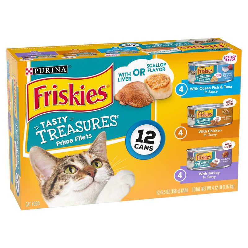 Purina Friskies Tasty Treasures Prime Filets with Liver or Scallop Flavor Cat Food, 5.5 oz, 12 count