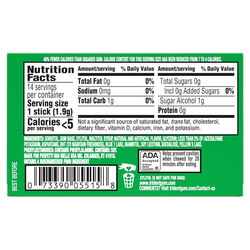 Trident Spearmint Sugar Free Gum, 14 count