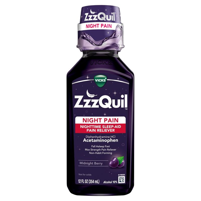ZzzQuil Liquid, Max Strength Pain Reliever, Nighttime Sleep Aid Liquid, Acetaminophen 1000mg, Diphe