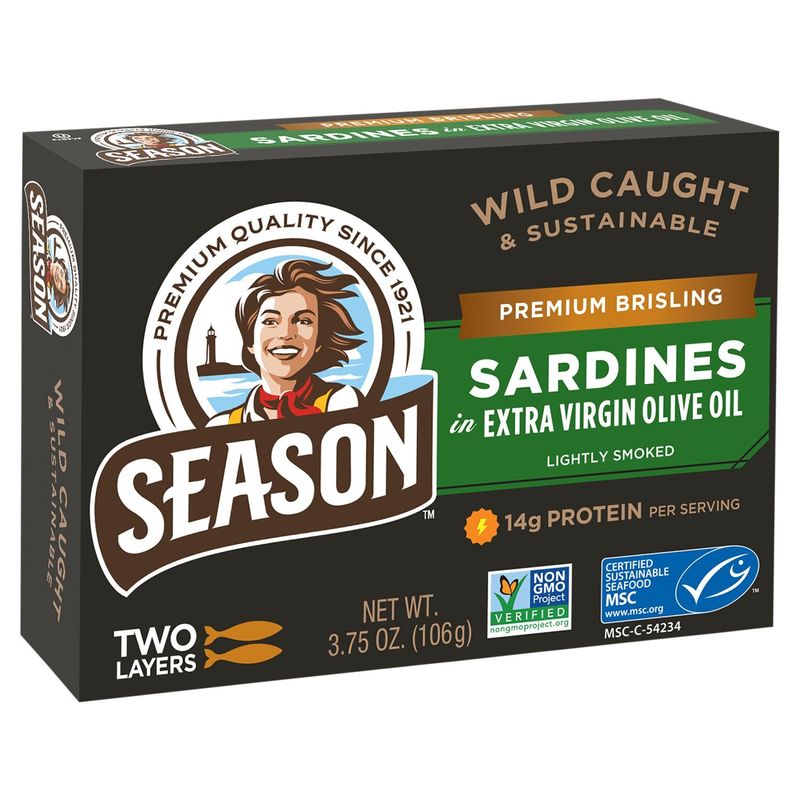 Season Premium Brisling Lightly Smoked Sardines in Extra Virgin Olive Oil, 3.75 oz
