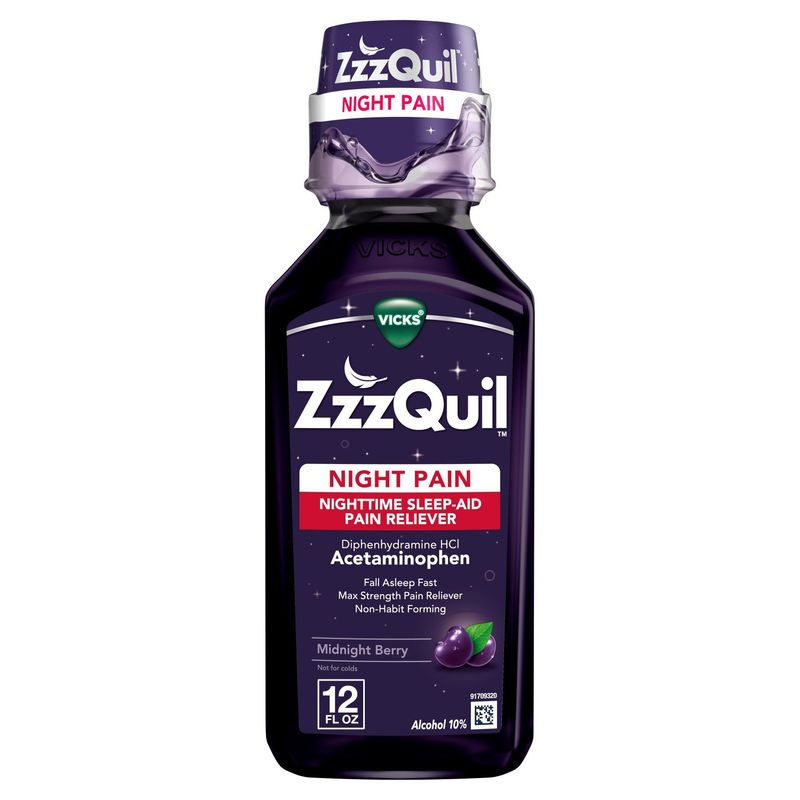 ZzzQuil Liquid, Max Strength Pain Reliever, Nighttime Sleep Aid Liquid, Acetaminophen 1000mg, Diphe