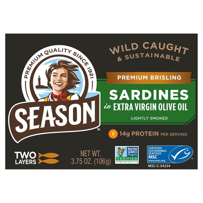 Season Premium Brisling Lightly Smoked Sardines in Extra Virgin Olive Oil, 3.75 oz