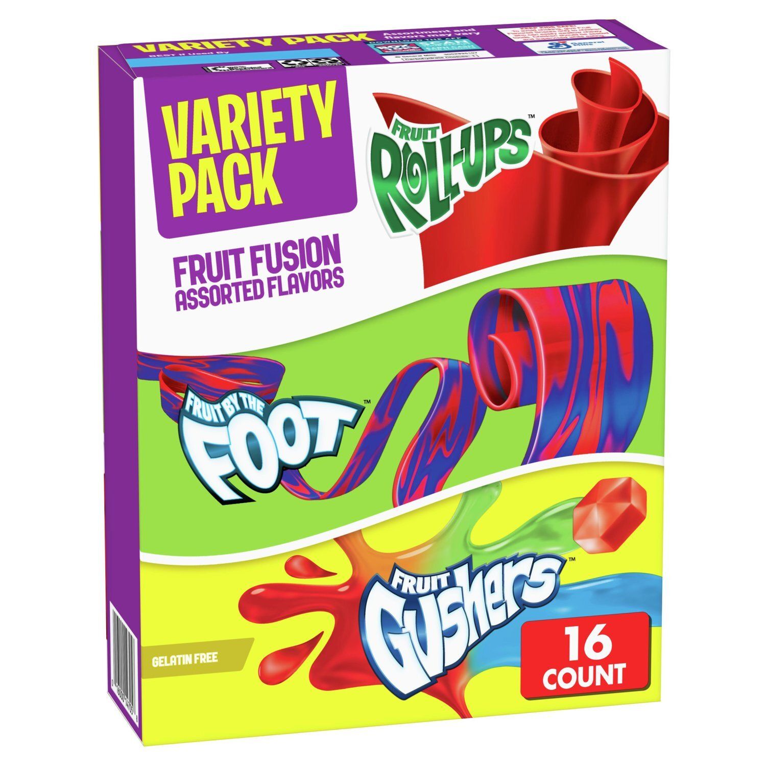 Fruit Roll-Ups, Fruit by the Foot, Fruit Gushers Fruit Fusion Snacks Variety Pack, 16 count, 10.2 oz