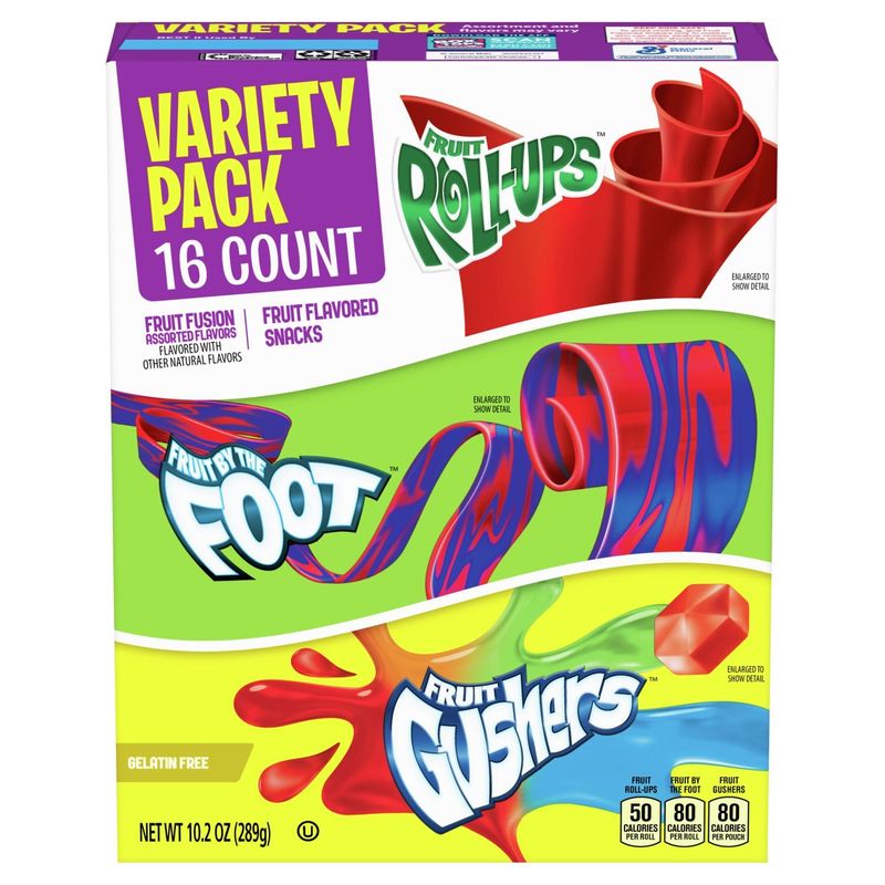 Fruit Roll-Ups, Fruit by the Foot, Fruit Gushers Fruit Fusion Snacks Variety Pack, 16 count, 10.2 oz