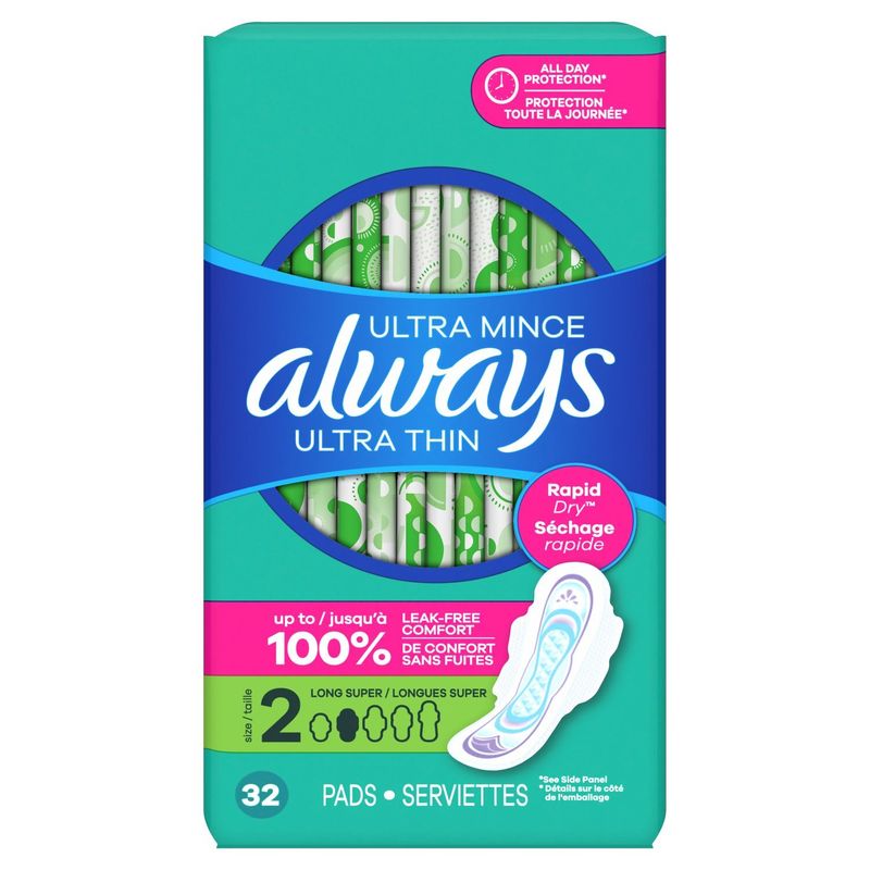 Always Ultra Thin Feminine Pads with Wings for Women, Size 2, Long Super Absorbency, Unscented, 32