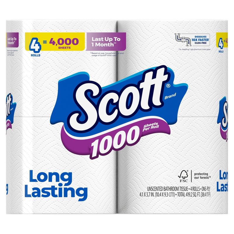 Scott 1000 Long Lasting Unscented Bathroom Tissue, one-ply, 4 count