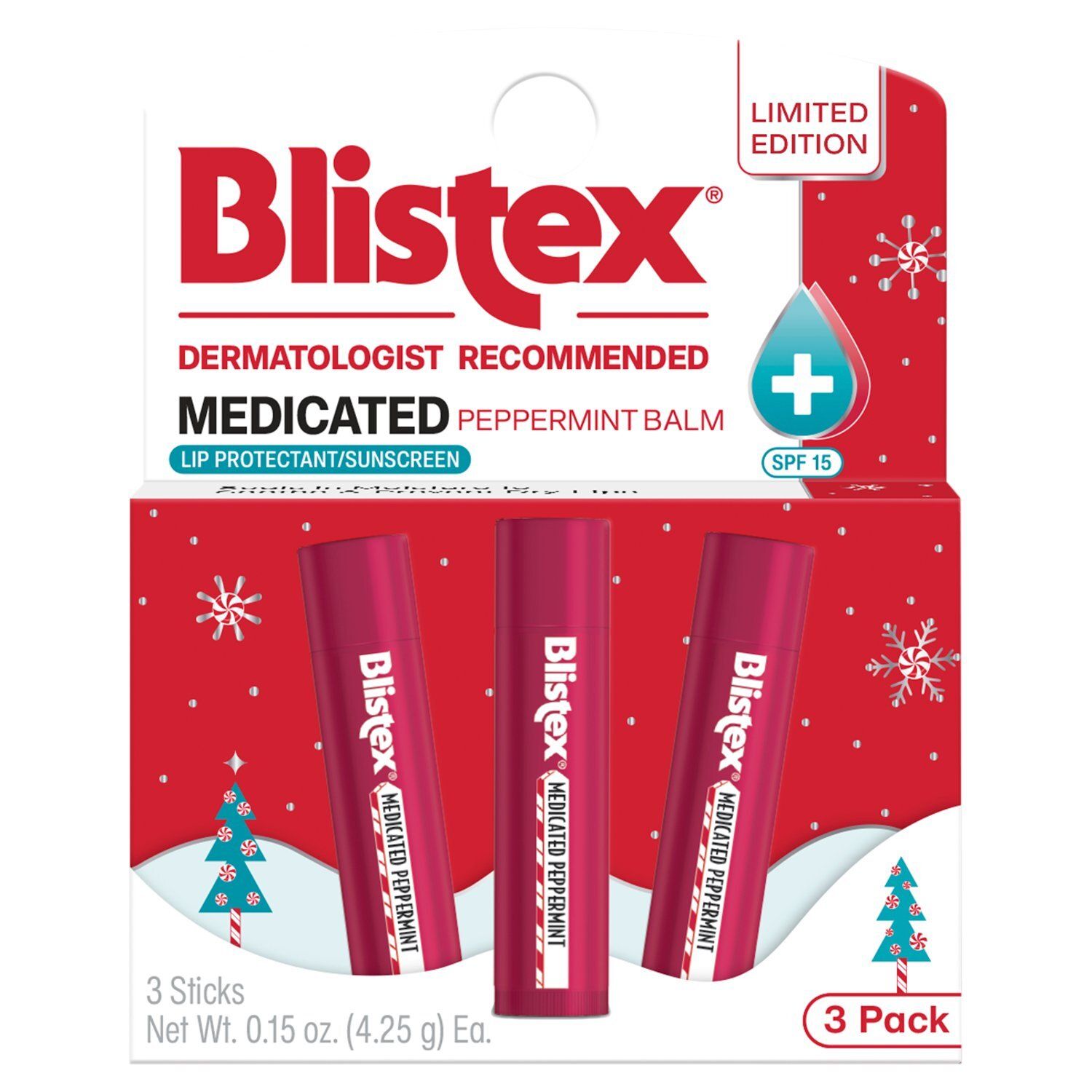 Blistex Medicated Peppermint Balm SPF 15 Lip Protectant/Sunscreen Limited Edition, 3 count, 0.15 oz