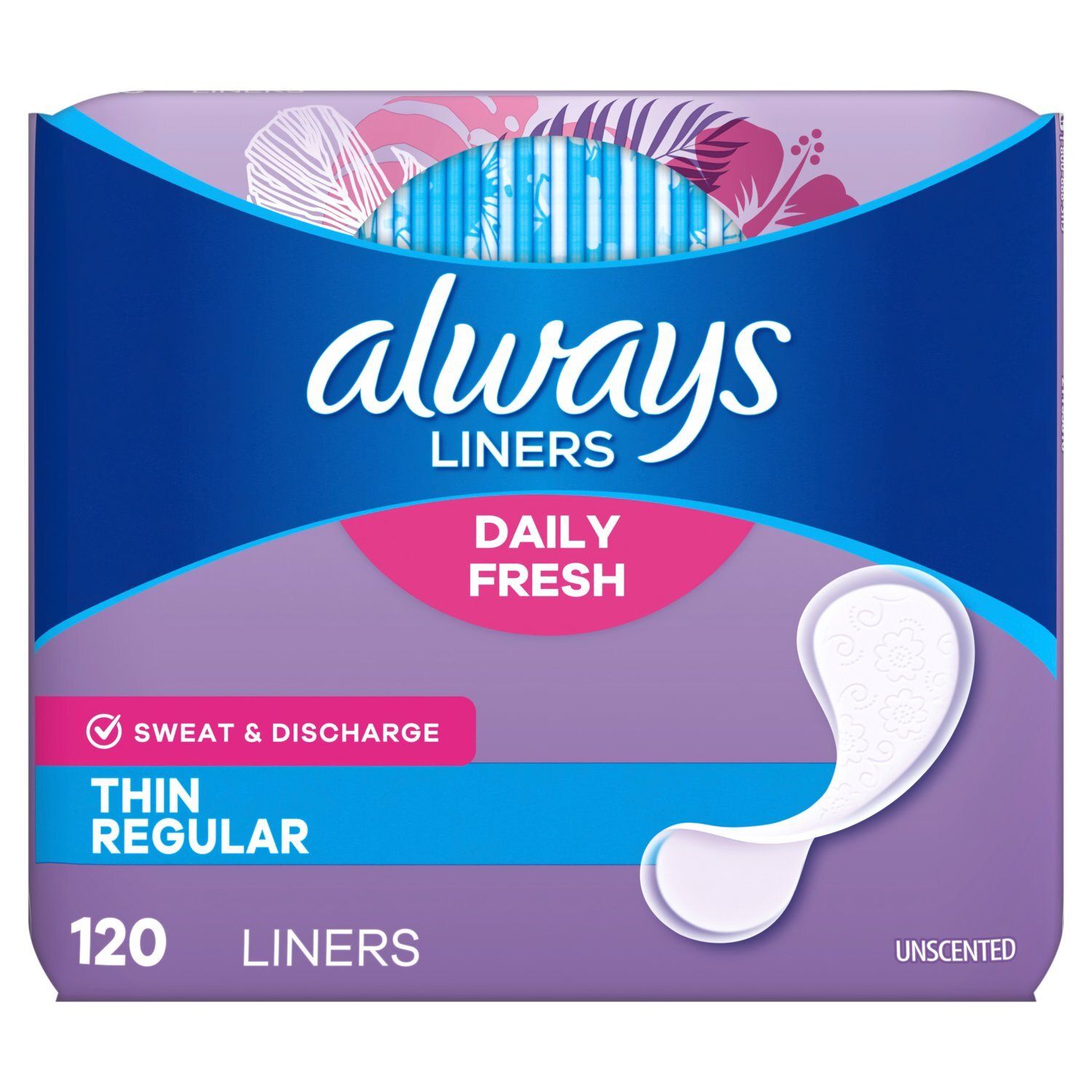 Always Daily Fresh Thin Liners, Regular Absorbency, Unscented Panty Liners, 120 Count