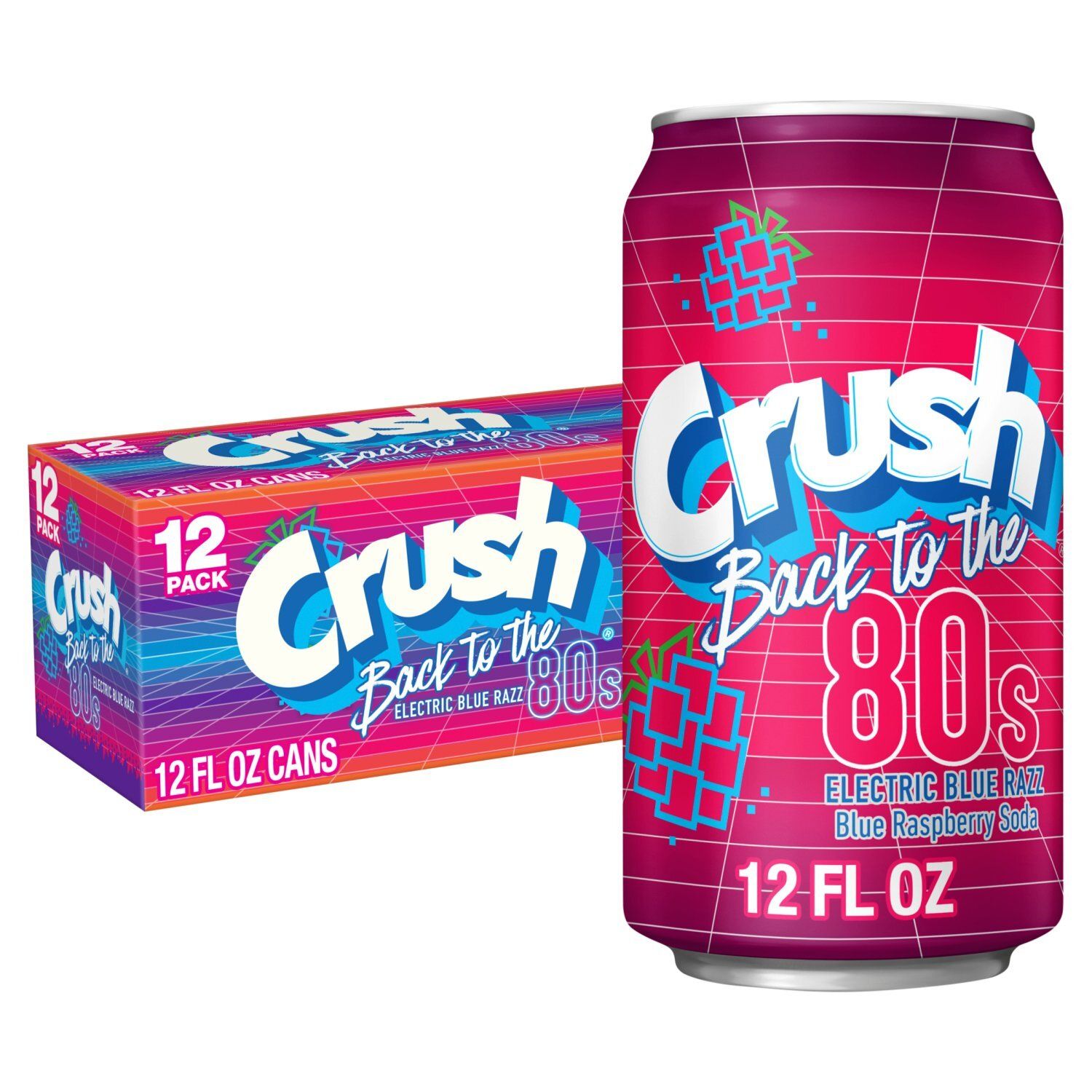 Crush Back to the 80s Electric Blue Razz Blue Raspberry Soda, 12 fl oz, 12 count