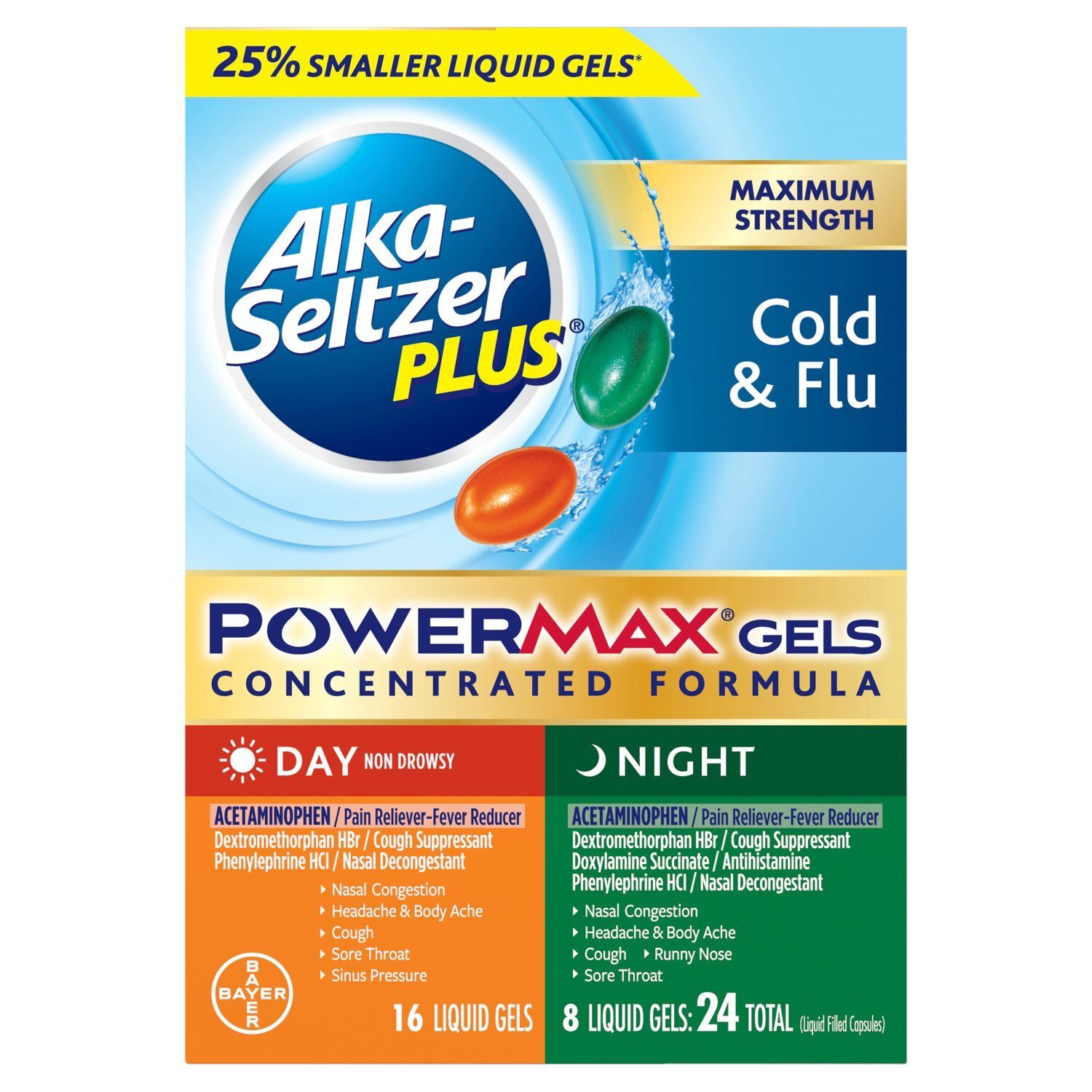 Alka-Seltzer Plus PowerMax Gels Maximum Strength Cold &amp; Flu Day and Night Liquid Gels, 24 count