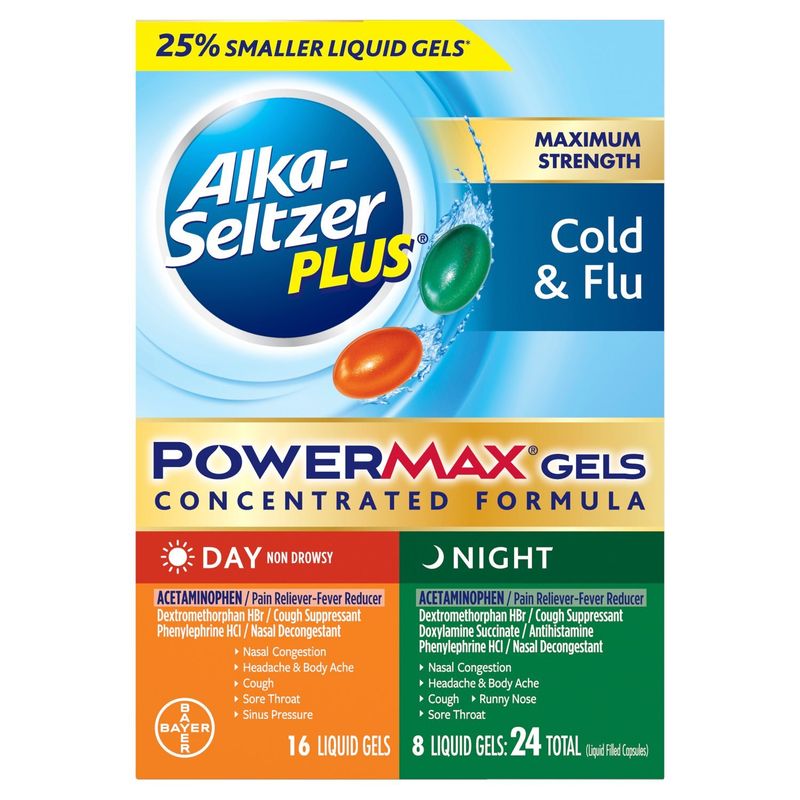 Alka-Seltzer Plus PowerMax Gels Maximum Strength Cold &amp; Flu Day and Night Liquid Gels, 24 count