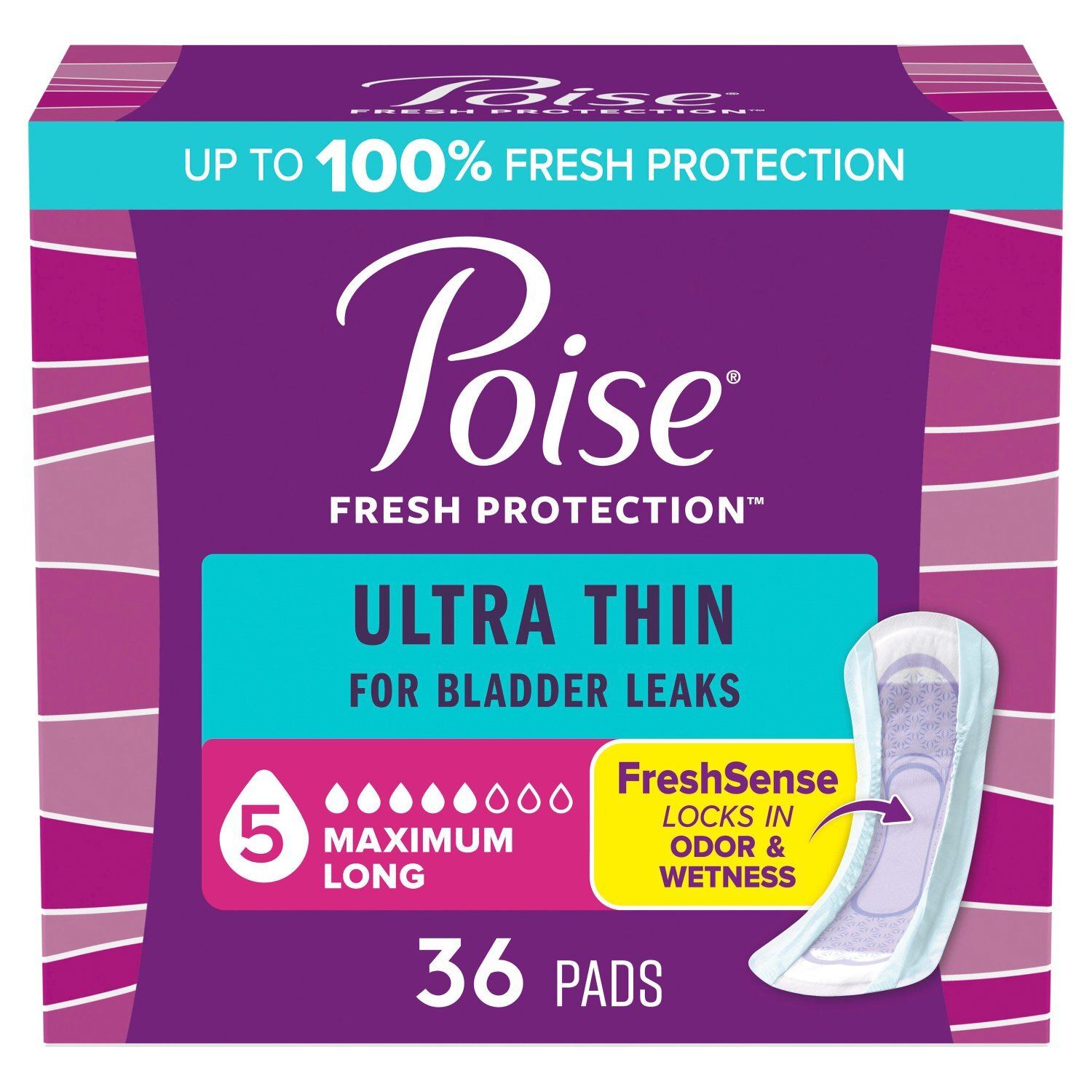 Poise Fresh Protection Maximum Long Ultra Thin Pads, 36 count