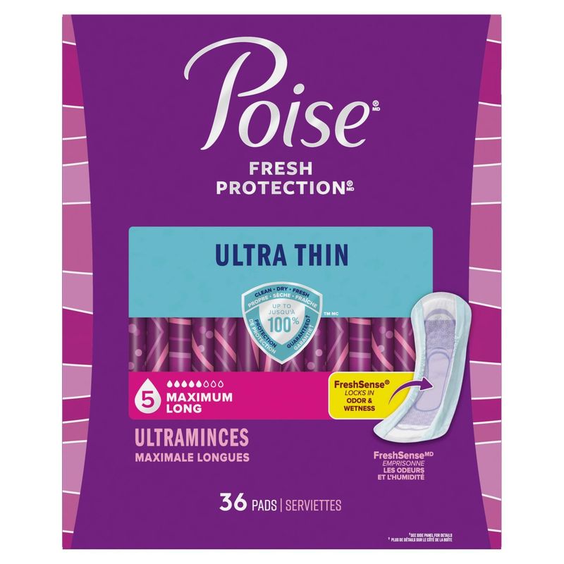 Poise Fresh Protection Maximum Long Ultra Thin Pads, 36 count