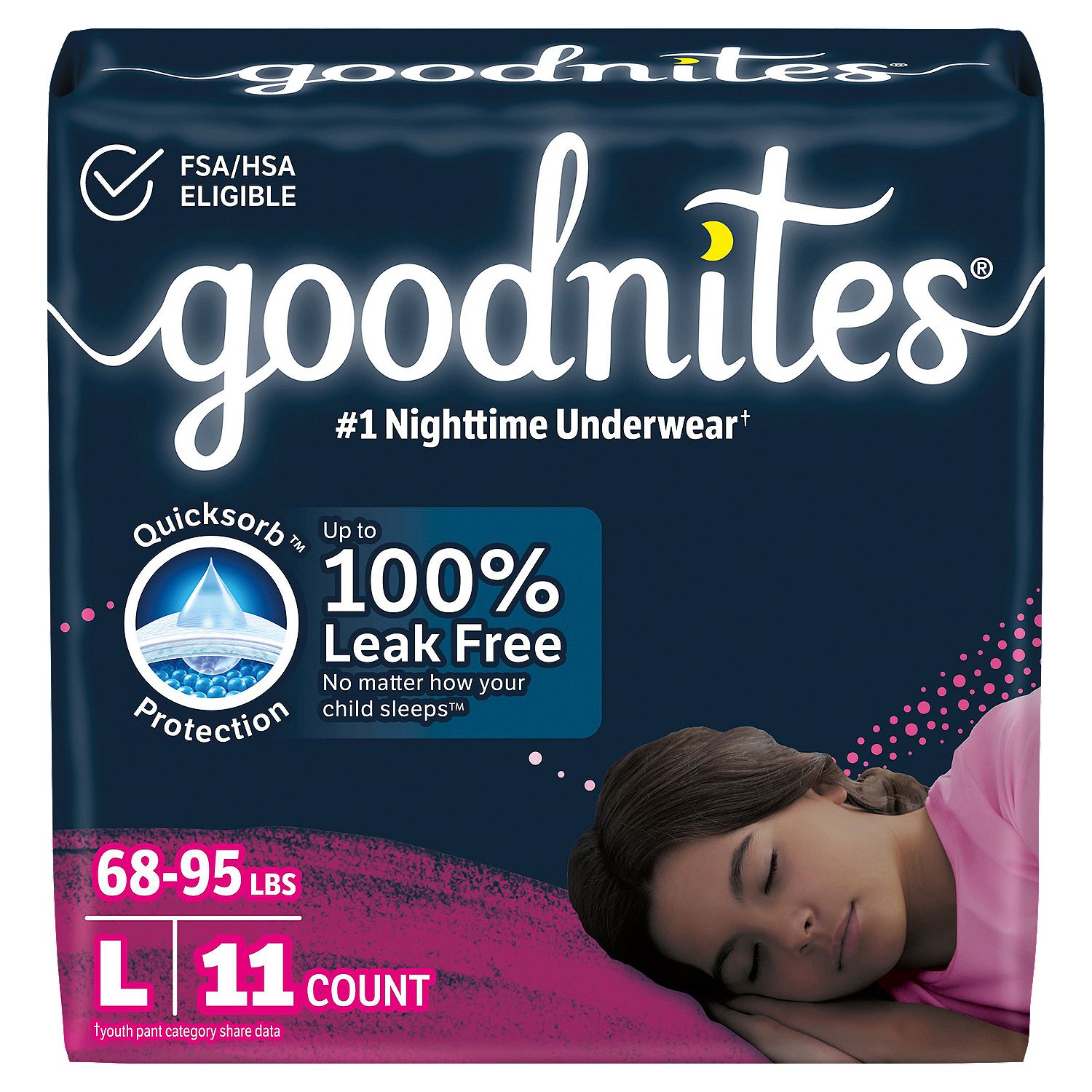 Goodnites Girls Nighttime Underwear, Sizes 10-12, L, 68-95 lbs, 11 count