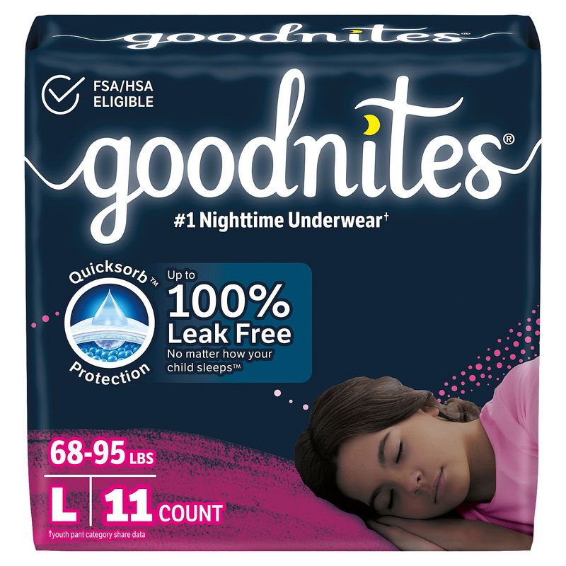 Goodnites Girls Nighttime Underwear, Sizes 10-12, L, 68-95 lbs, 11 count