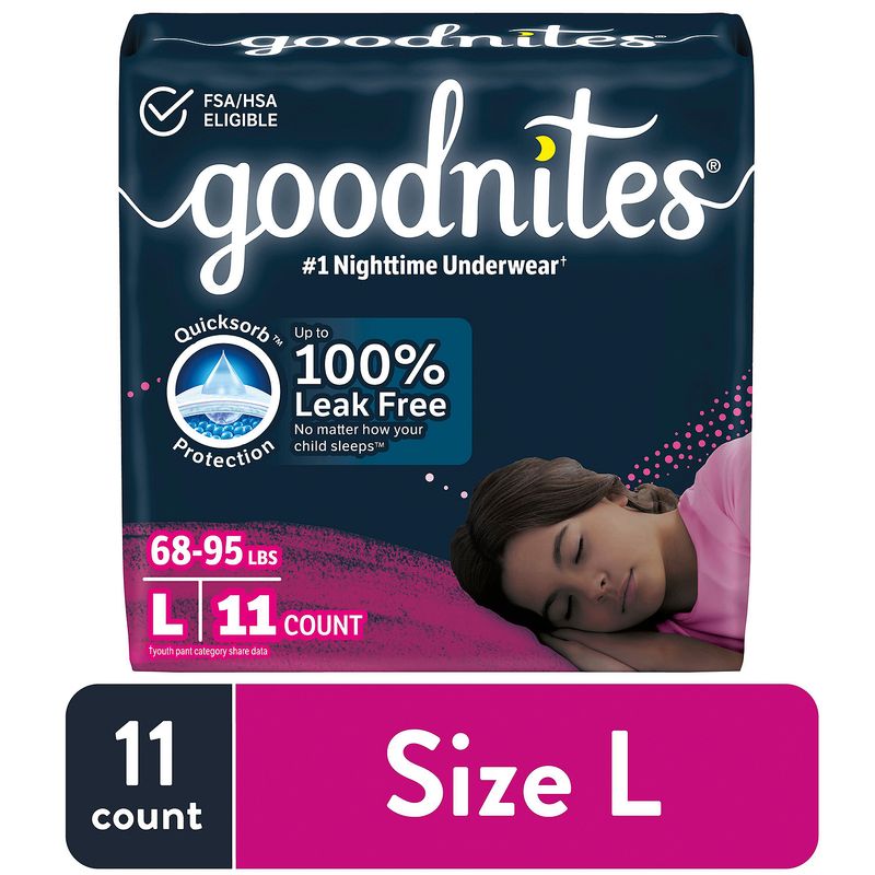 Goodnites Girls Nighttime Underwear, Sizes 10-12, L, 68-95 lbs, 11 count