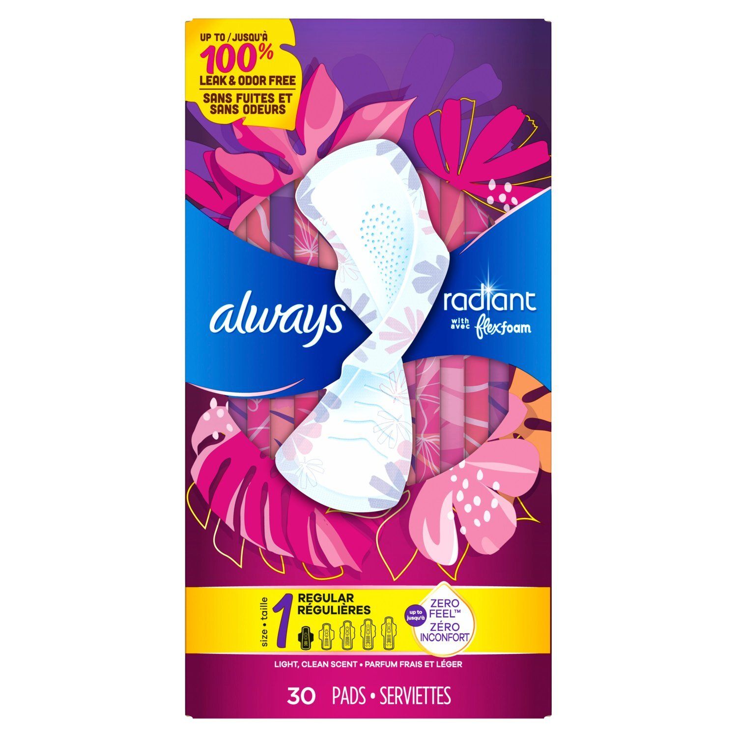 always Radiant Light, Clean Scent Regular Pads, Size 1, 30 count