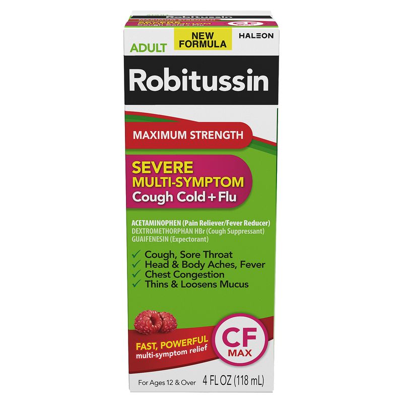 Robitussin Adult Maximum Strength Severe Multi-Symptom Cough Cold + Flu, for Ages 12 &amp; Over, 4 fl oz
